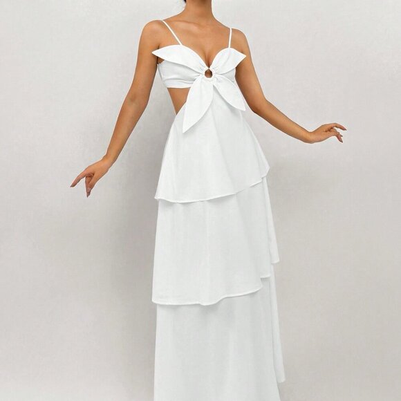 White Elegant Romantic Women's 3D Flower Strap Dress - Graduation/Wedding Season - Picture 4 of 5